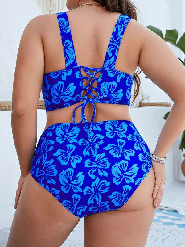 Blue floral patterned women's split bikini swimsuit for outdoor water activities