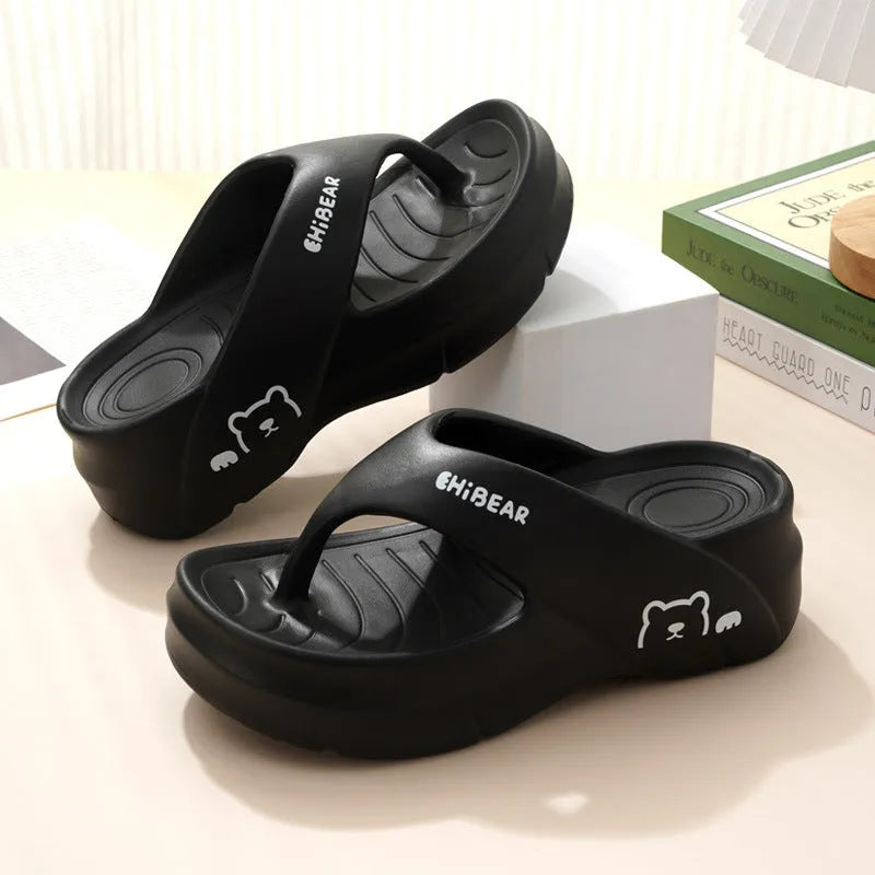 Women's thick-sole EVA non-slip flip flops in beige with fish mouth toe on a light background