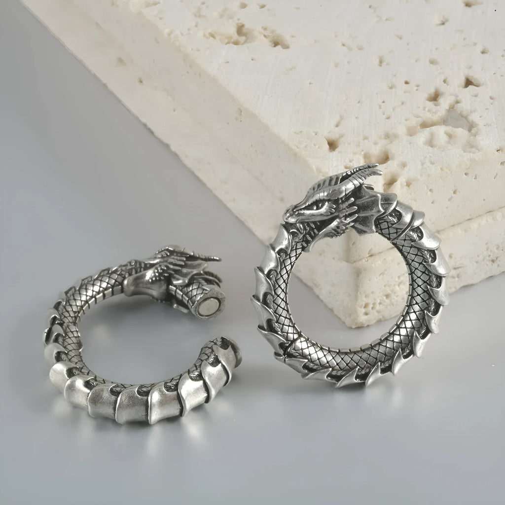 Geometric hollow out large size alloy earrings with antique silver dragon shape colour