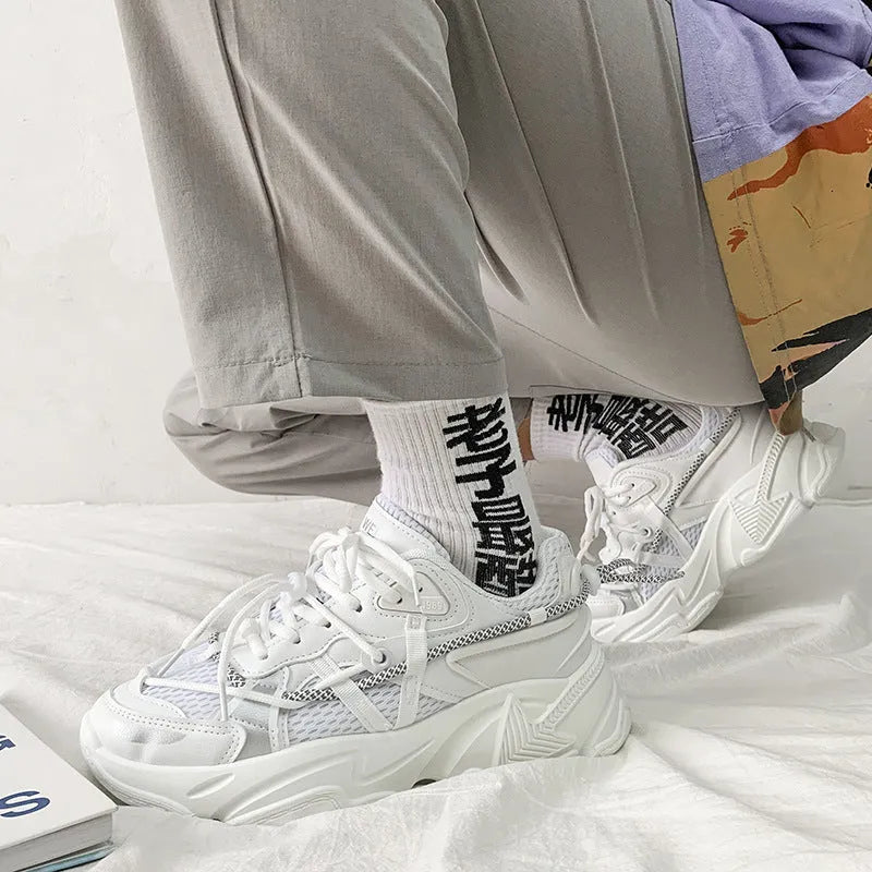 Men's Korean style platform dad shoes in three colours with lace-up front and mesh lining