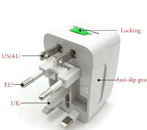 Universal travel adapter plug showing multiple international plug configurations including UK, EU, Australian, Chinese and US compatibility