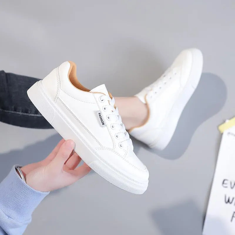 Korean style low-top women's sneakers in white and brown artificial PU leather with plastic soles
