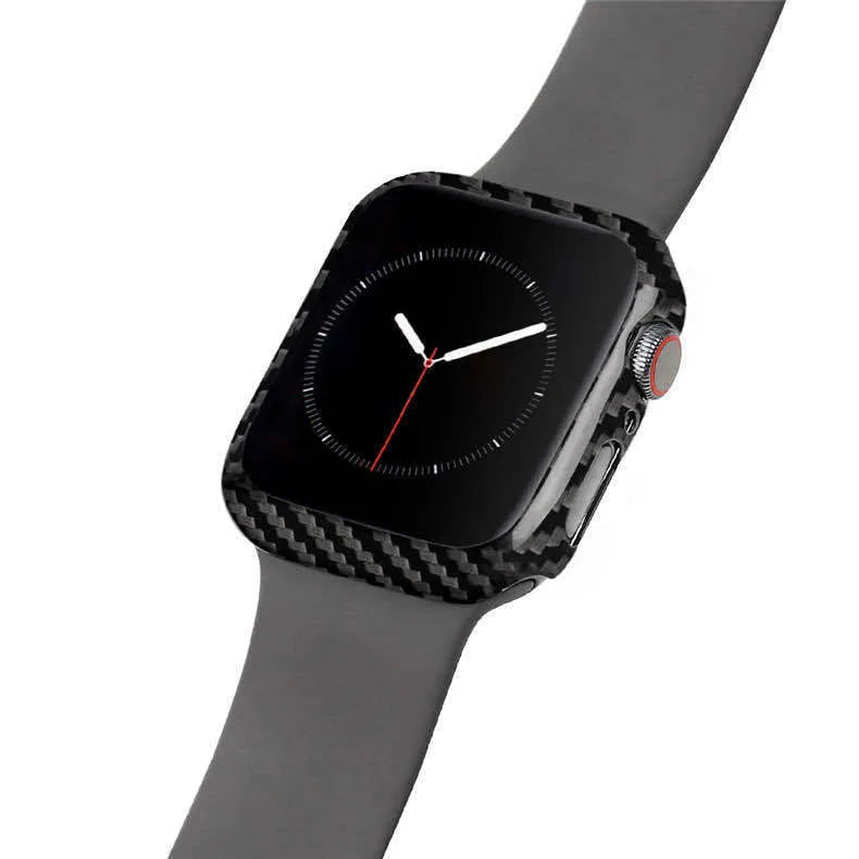 Apple Watch Series 4 44mm case in black carbon fibre leather design, showing ultra-thin half-wrap profile