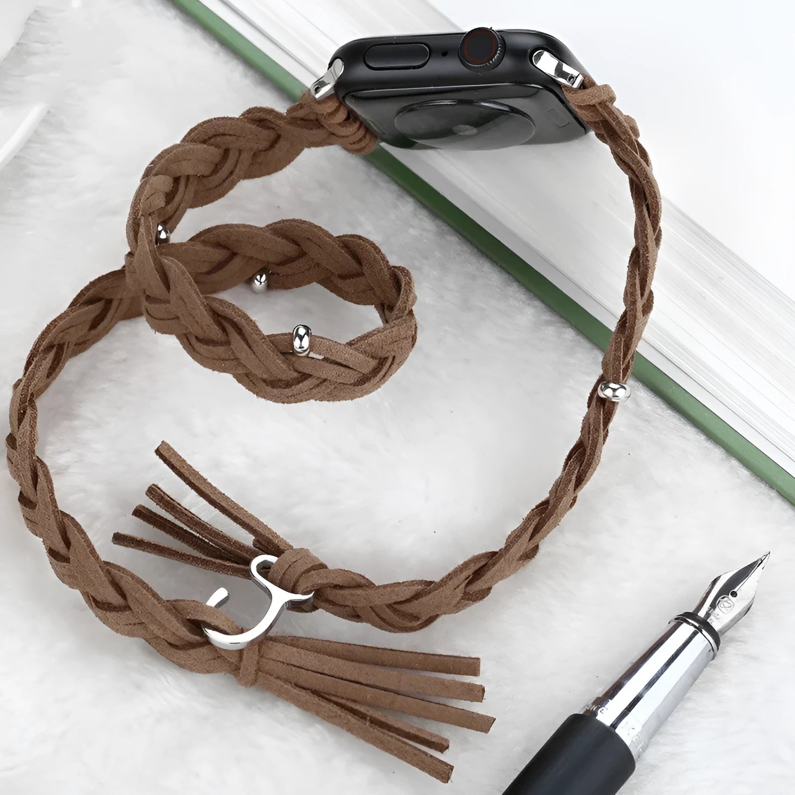 Genuine leather cord braided smart watch strap for iWatch in Black, Brown, Dark Brown, Green, Pink, and Red sizes 38/40/41mm and 42/44/45mm