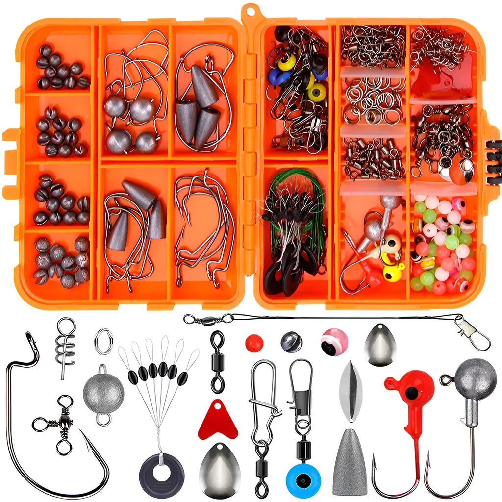 Weihe 257-piece fishing lure accessory set in orange ABS storage box with texas rig components
