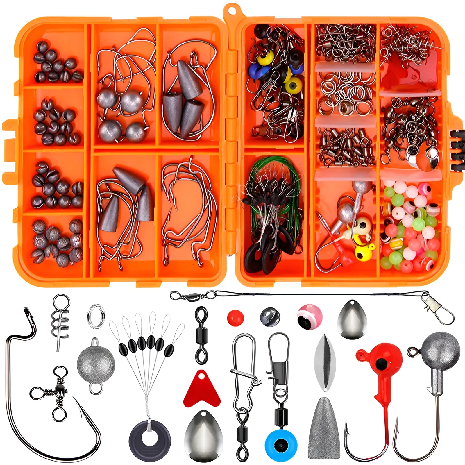 Weihe 257-piece fishing lure accessory set in orange ABS storage box with texas rig components