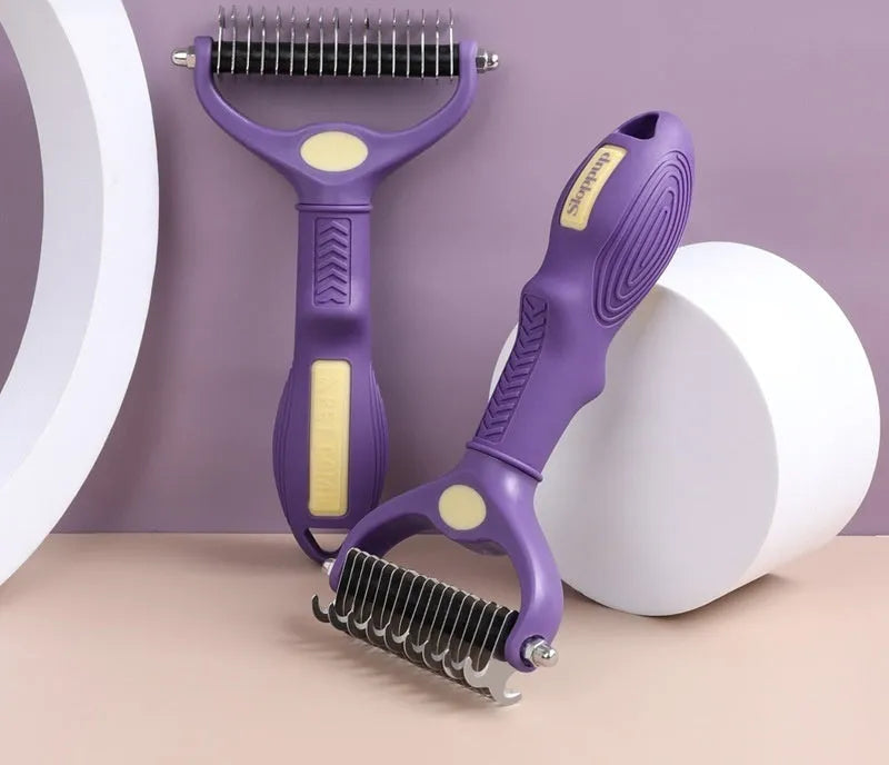Purple double-sided plastic pet comb for removing knots from cat and dog fur