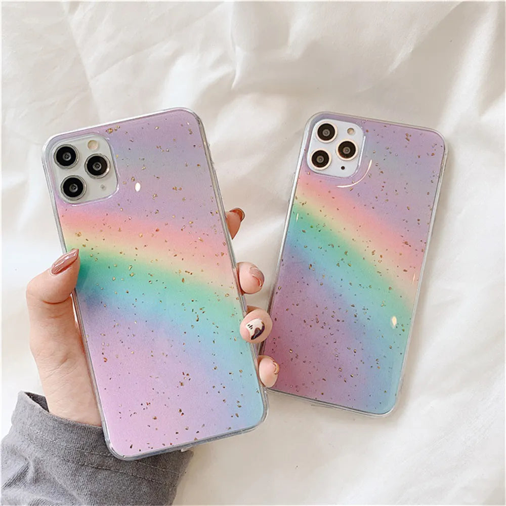 Rainbow gradient striped TPU protective case for iPhone on wooden surface