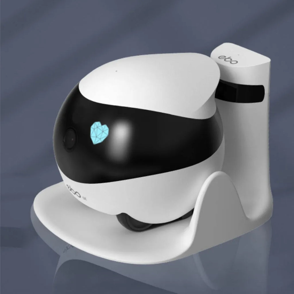 Compact white smart home surveillance robot camera with automatic docking station