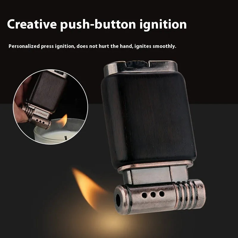 Ebony gas lighter with black wood finish and rosewood decorative detailing