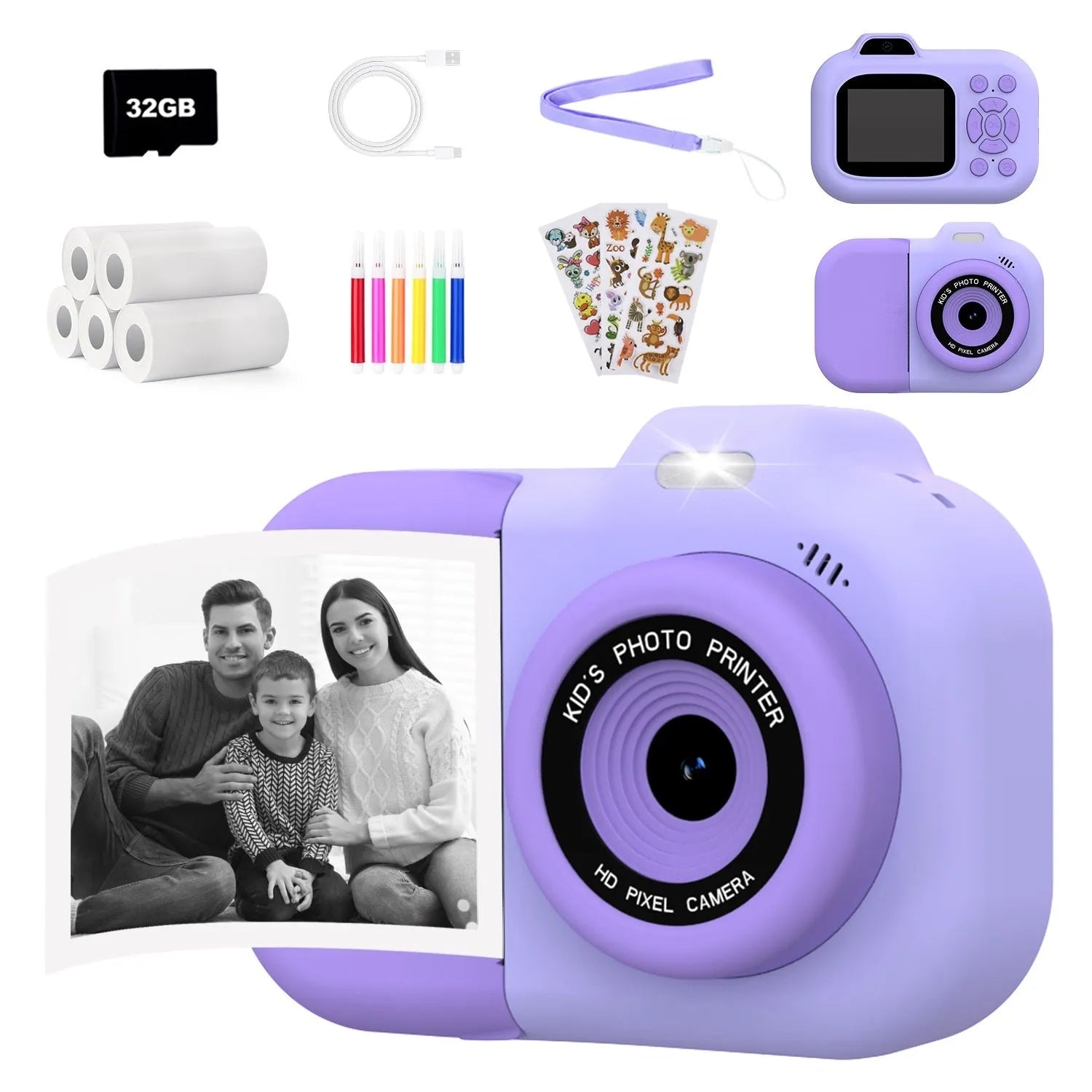 Children's digital camera in blue, pink or purple with video recording and gaming functions
