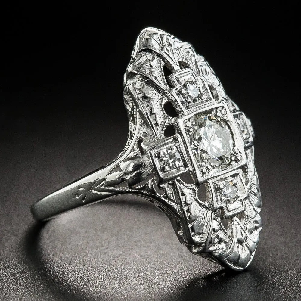 Geometric hollow copper ring with silver electroplated finish and diamond-studded detailing