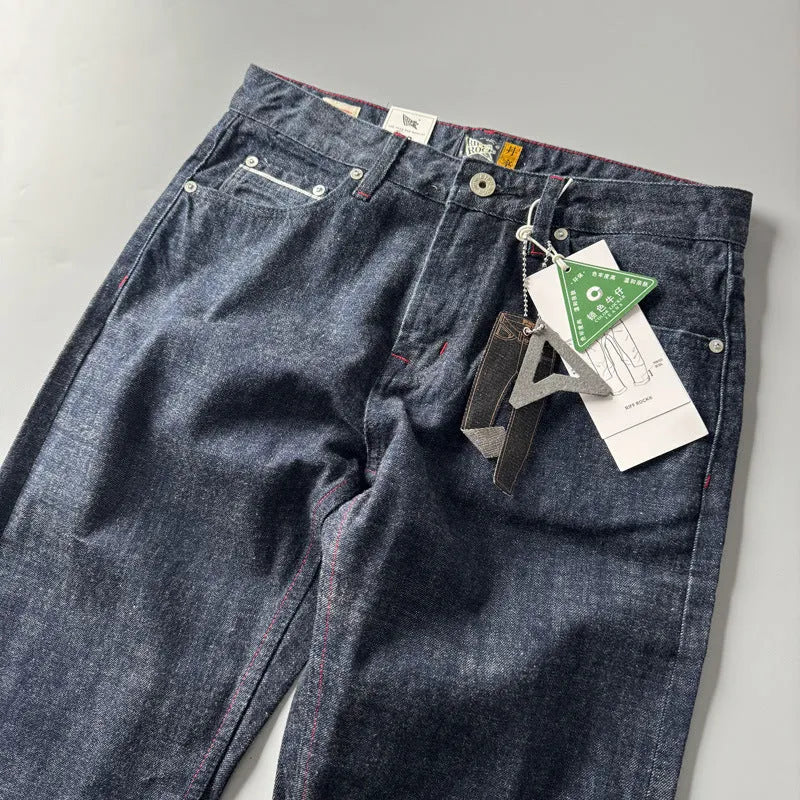 Men's straight leg jeans in primary colour denim with medium waist and regular length