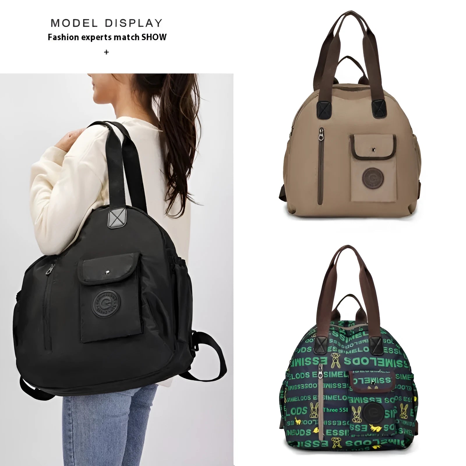 Outdoor nylon backpack with sandwich pockets showing black, khaki and green colour options