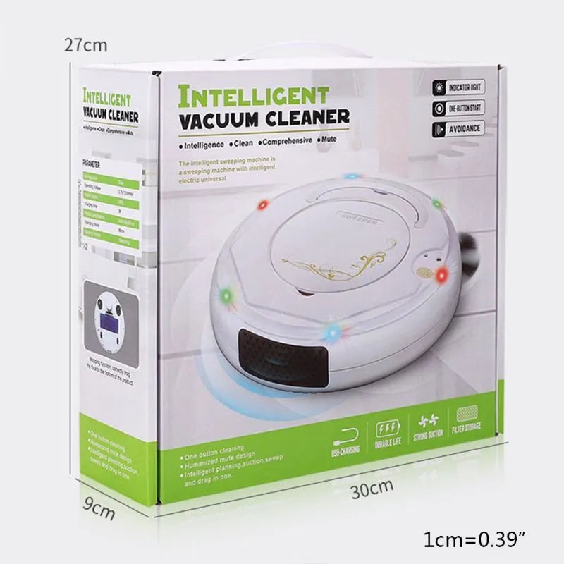 Lazy Smart floor sweeping robot in blue, black or white colours with charging cable and accessories