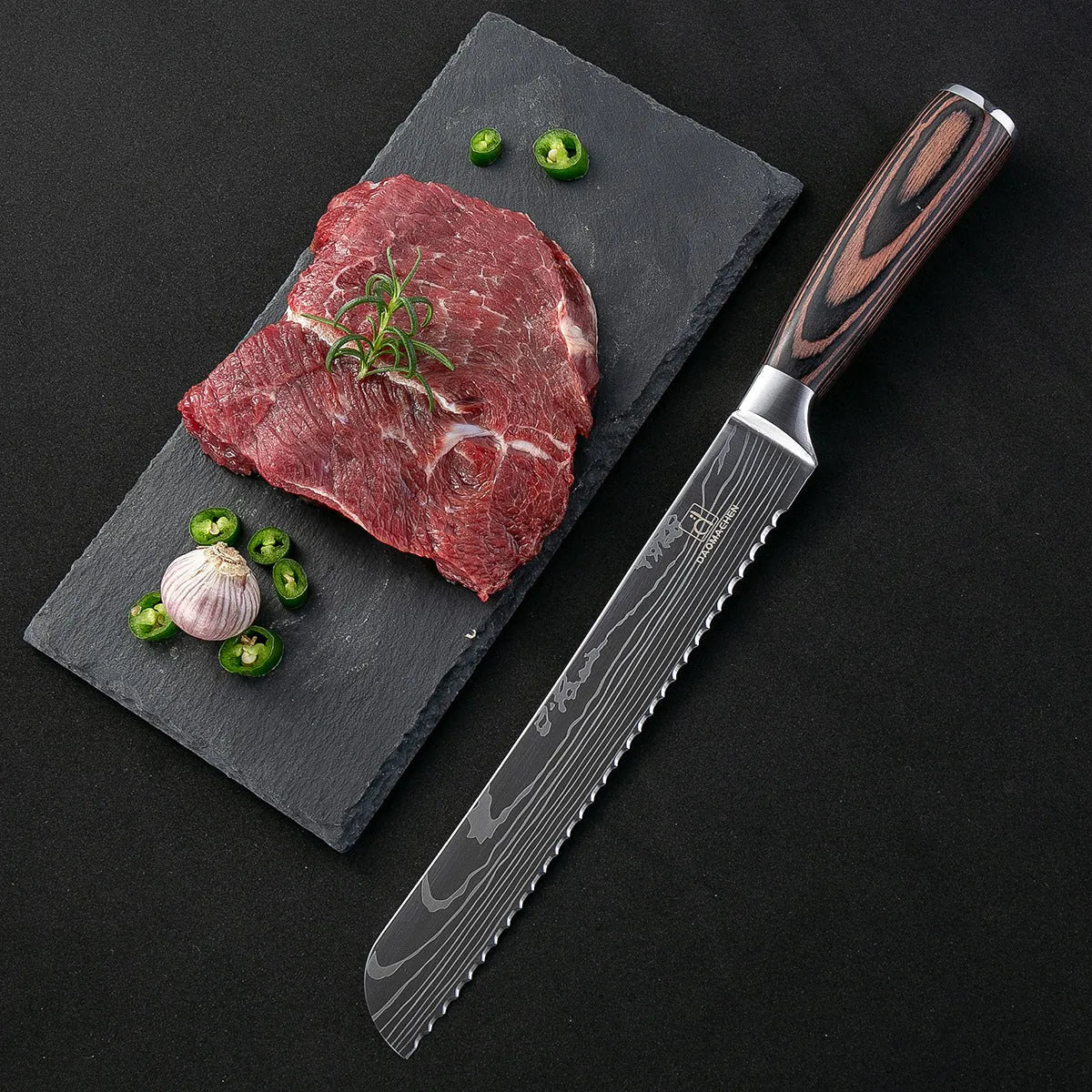 Chef knife with laser Damascus pattern blade and colour steel handle, 30cm long.
