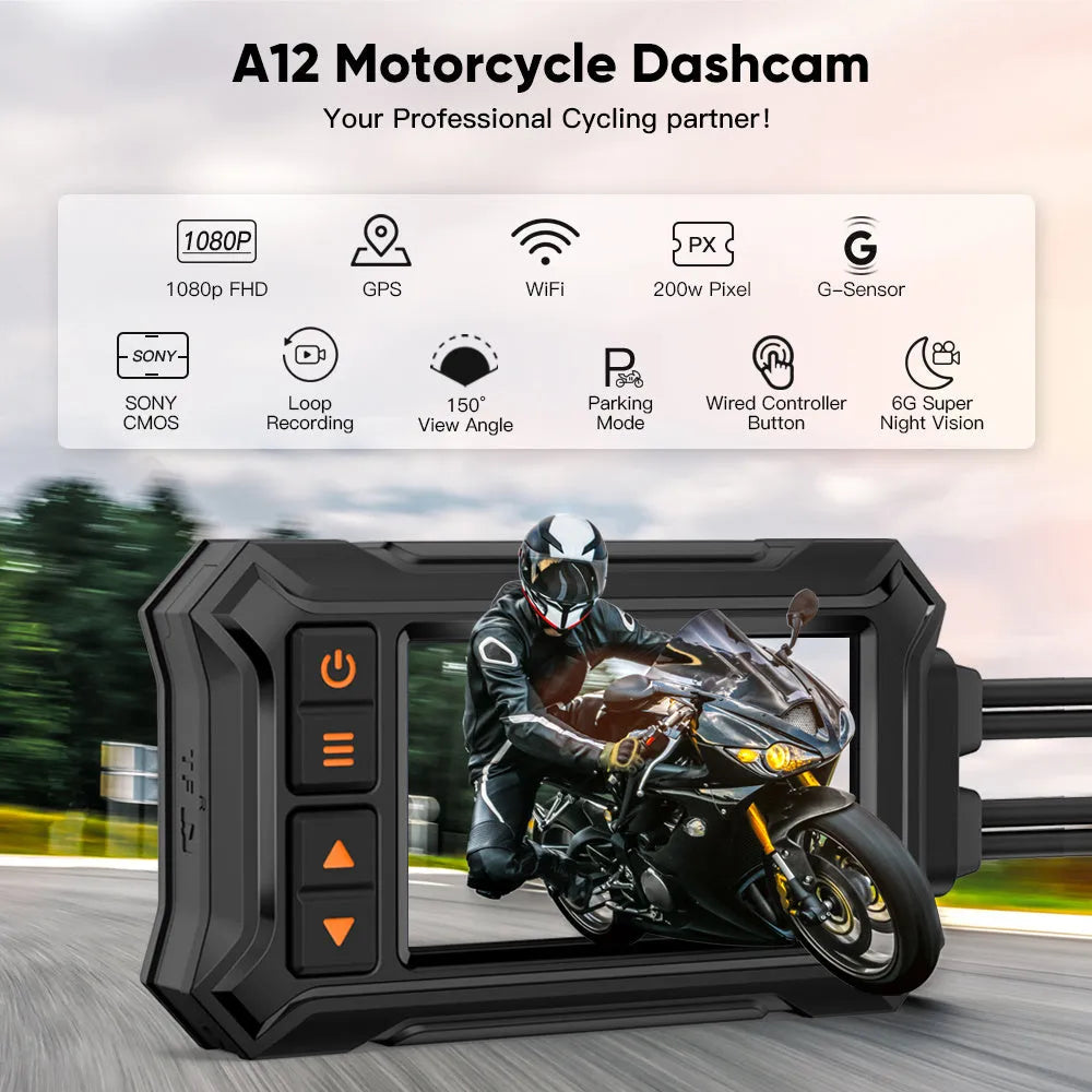 Motorcycle dash camera with dual lenses, 3-inch screen, GPS module, and waterproof housing for front and rear recording