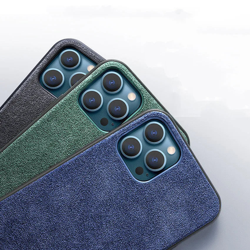 Suede full-cover iPhone case in dark blue colour showing back and side protection