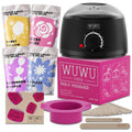 27-piece hair removal waxing kit with wax heater machine, four coloured wax bead pots, and wax sticks