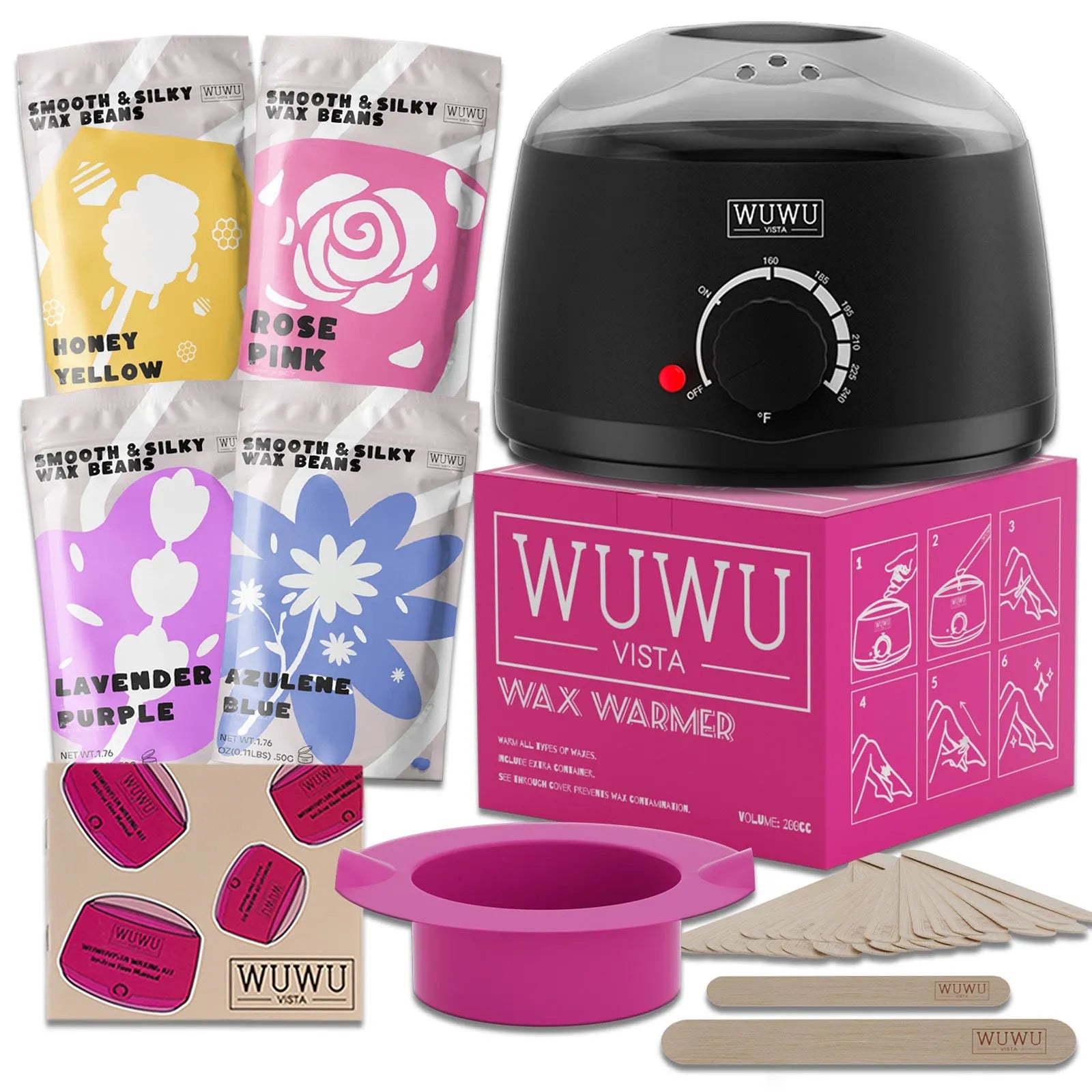27-piece hair removal waxing kit with wax heater machine, four coloured wax bead pots, and wax sticks