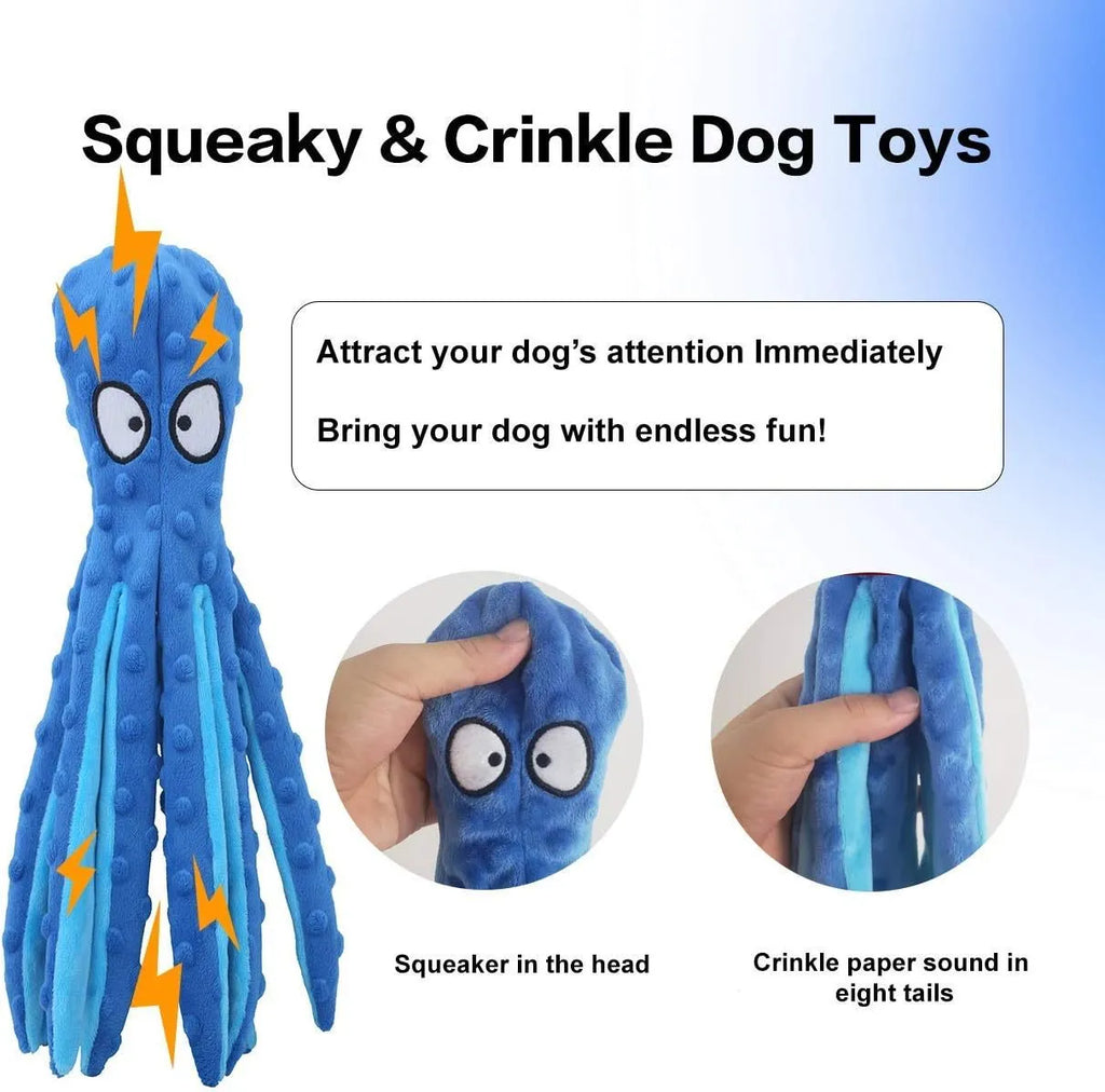 Blue octopus-shaped dog squeaky toy with no stuffing and crinkle sounds for chewing