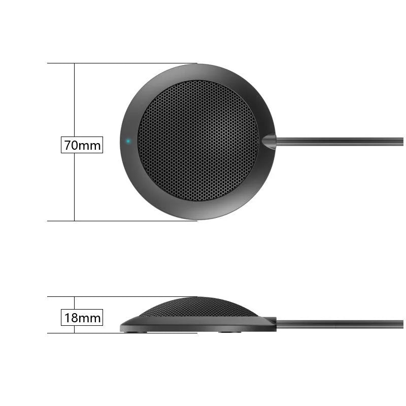 Black USB omnidirectional desktop microphone with metal mesh cover and 70mm diameter design