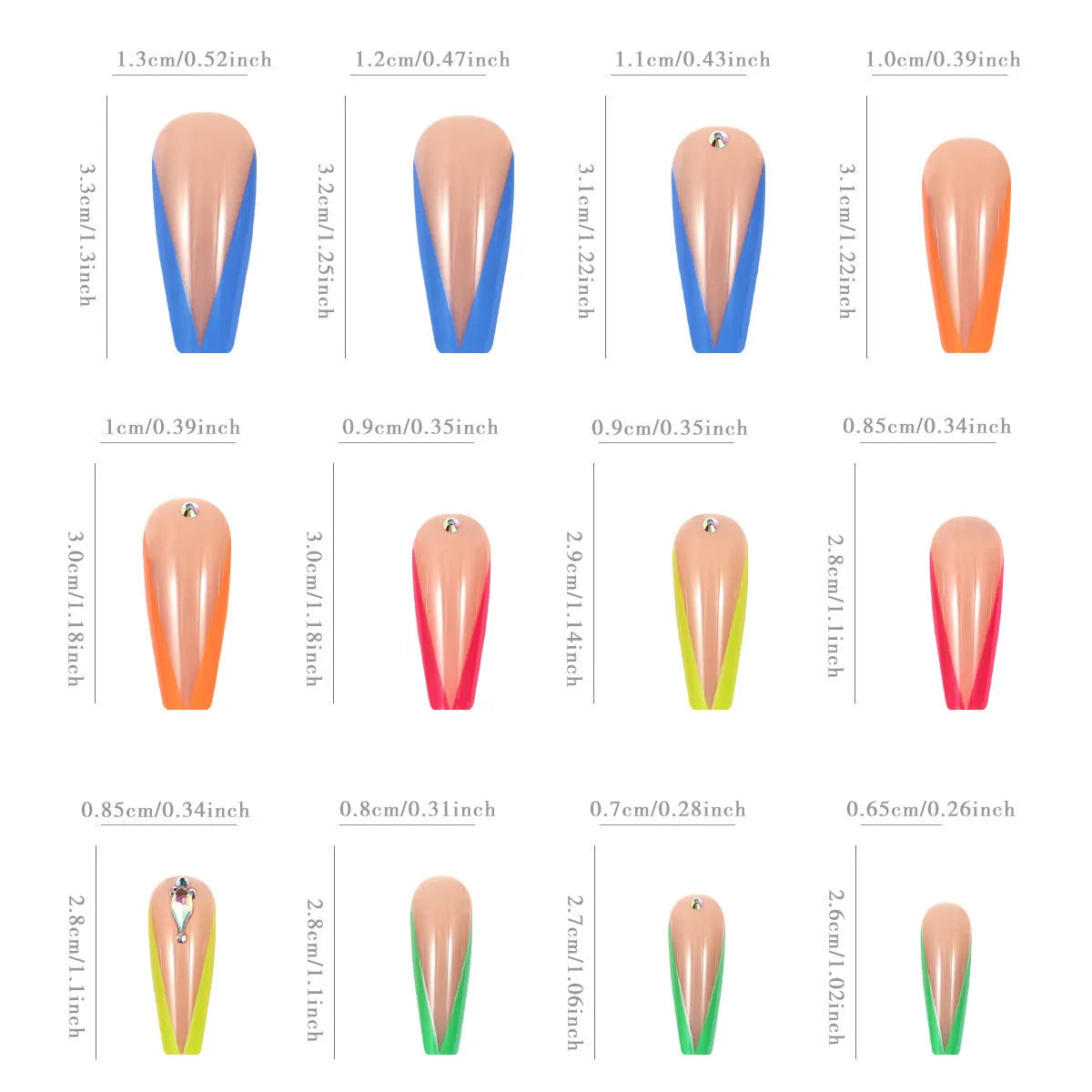 Detachable nail tips with diamond colour French finish and cartoon love heart patterns.