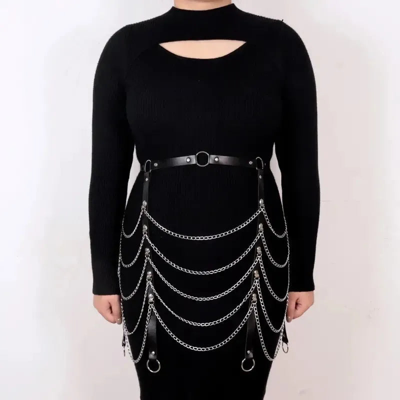 Black PU leather waist chain with bandage binding design for women's waist jewellery accessory