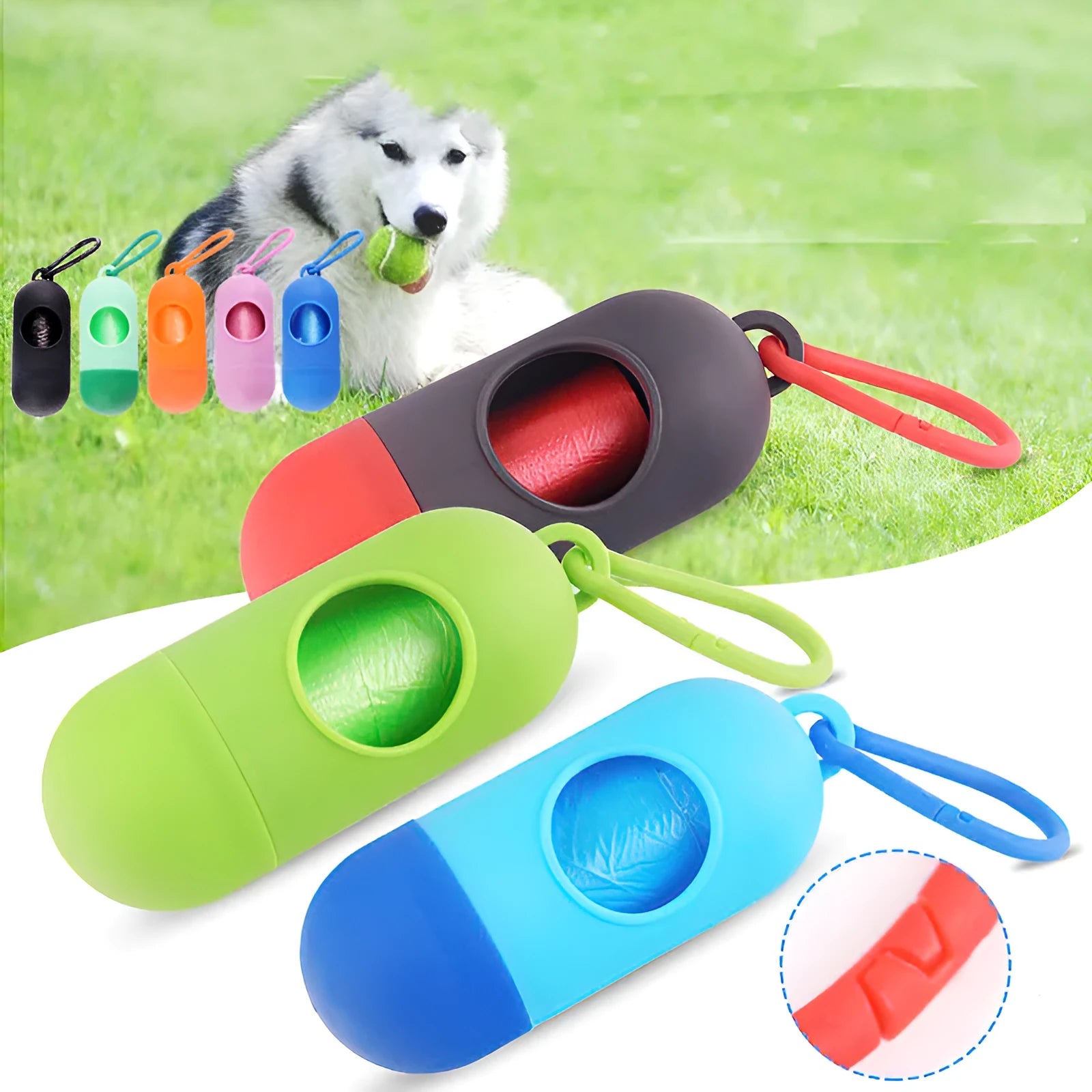 Compact dog poop bag holder with hook attachment and velcro strap showing black colour option