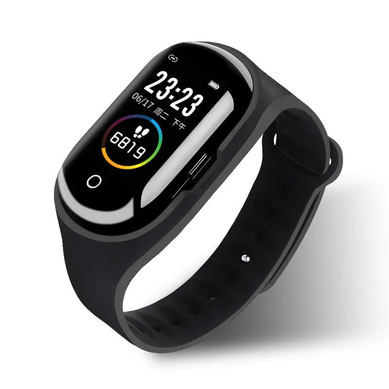 Blue smart bracelet earphone combo wearable device with silicone wristband and 1-inch screen display
