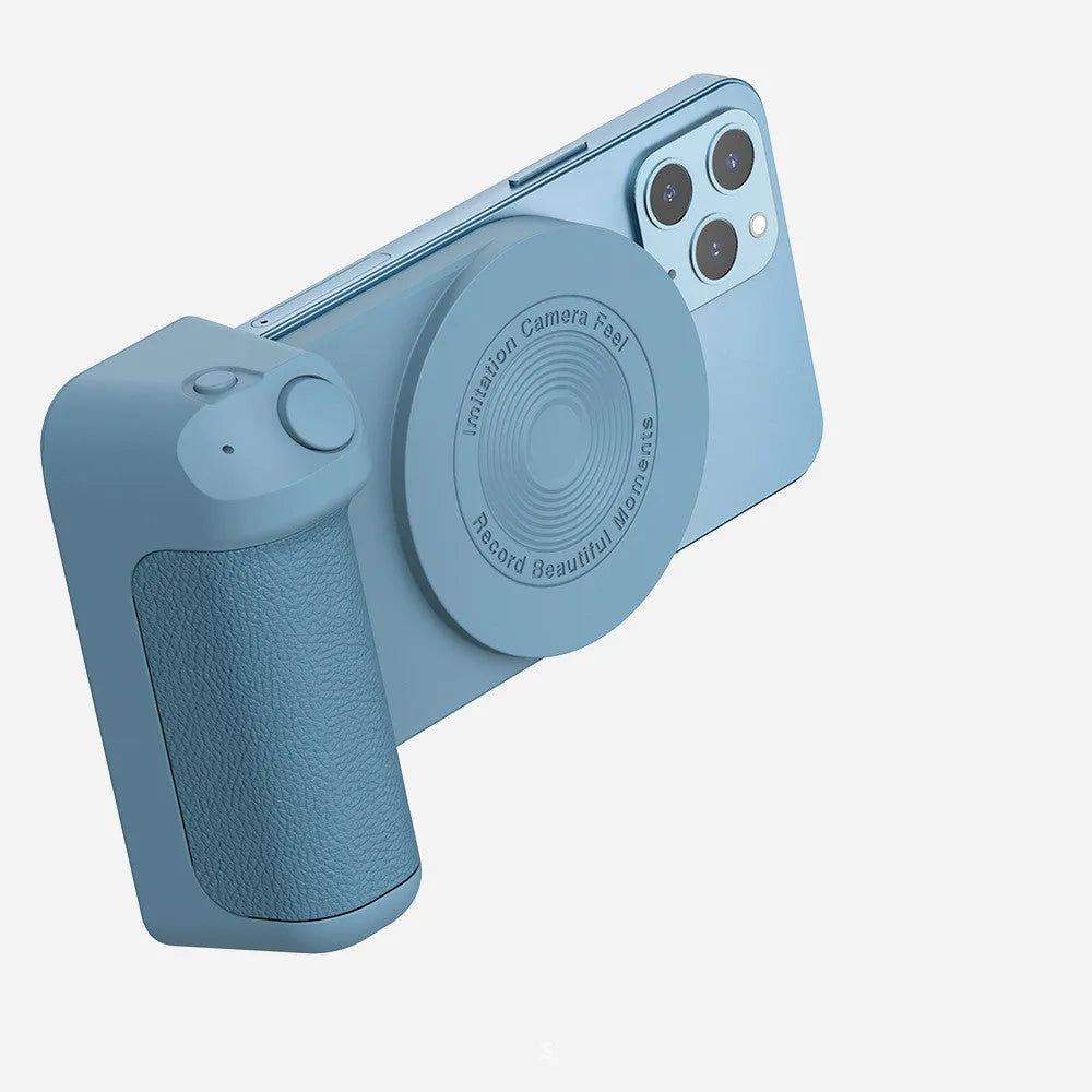 Black 3-in-1 magnetic phone camera handle with rotatable stand and PU leather grip