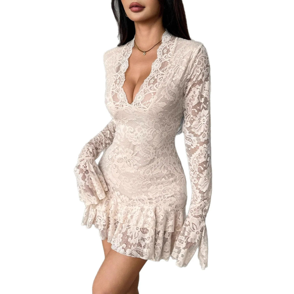 Apricot lace V-neck mermaid dress with floral print and flared sleeves on a mannequin