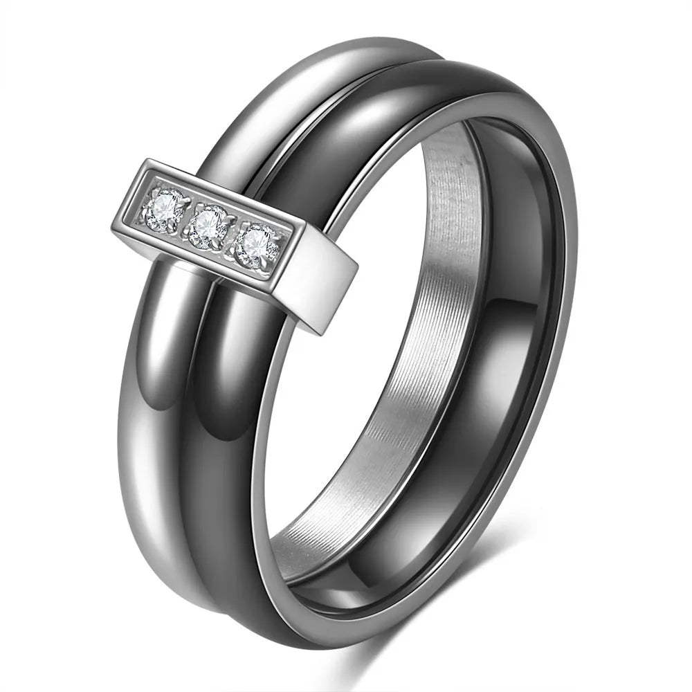 Women's ceramic ring with geometric round shape, 6mm width, inlaid zirconium and glossy stitching