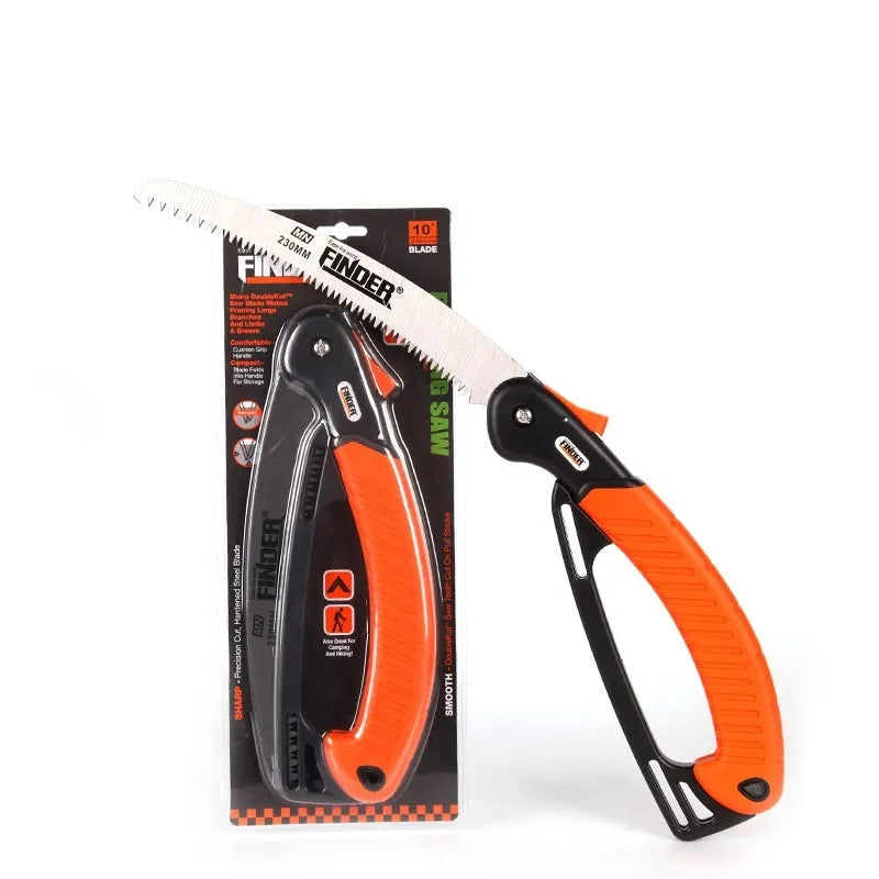 Folding garden saw with 230mm blade shown both open for use and closed for carrying