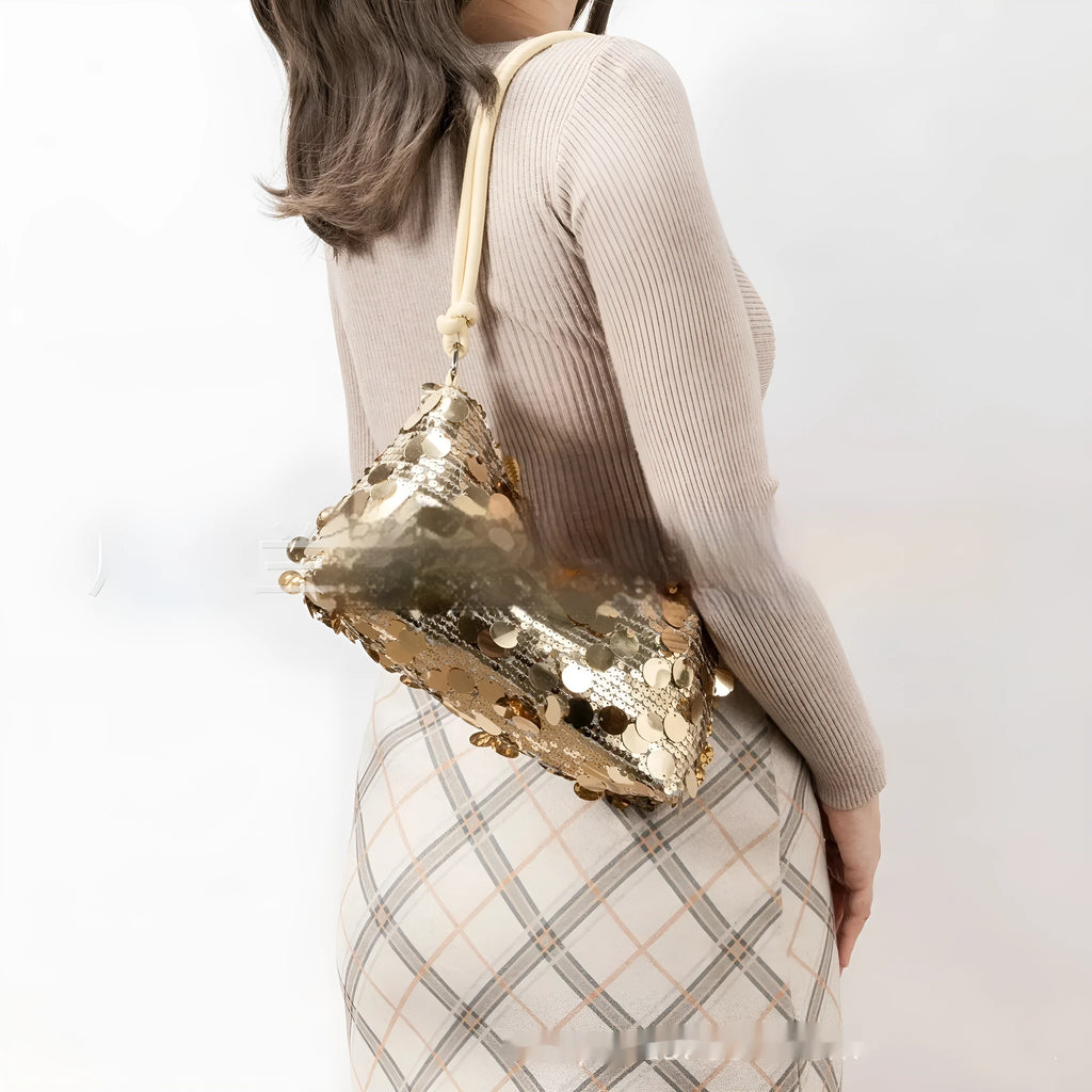 Women's underarm shoulder crossbody bag in polyester with sandwich pocket, showing gold colour option