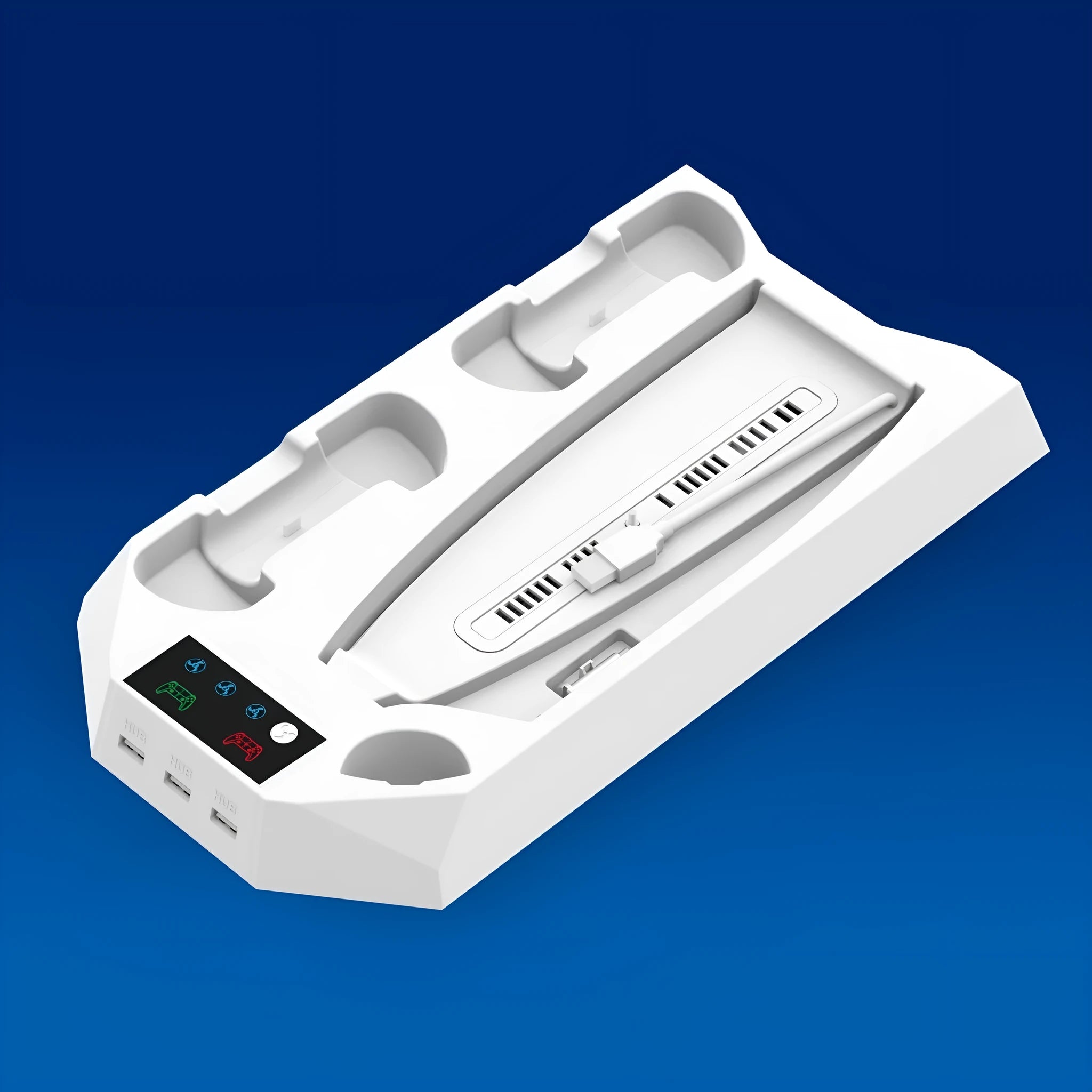 PS5 charging base radiator in black and white showing controller storage slots and cooling design