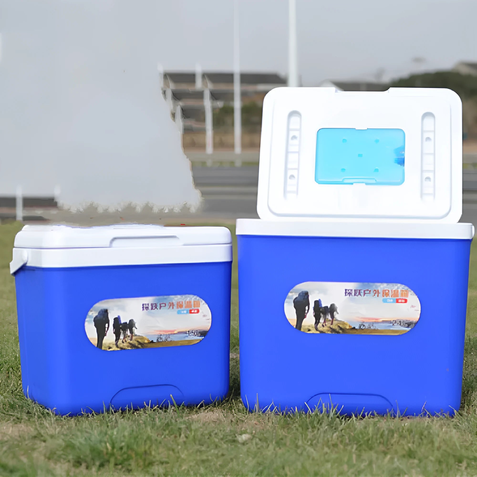 Blue aluminium foil portable camping cooler with EPS insulation in multiple size options.