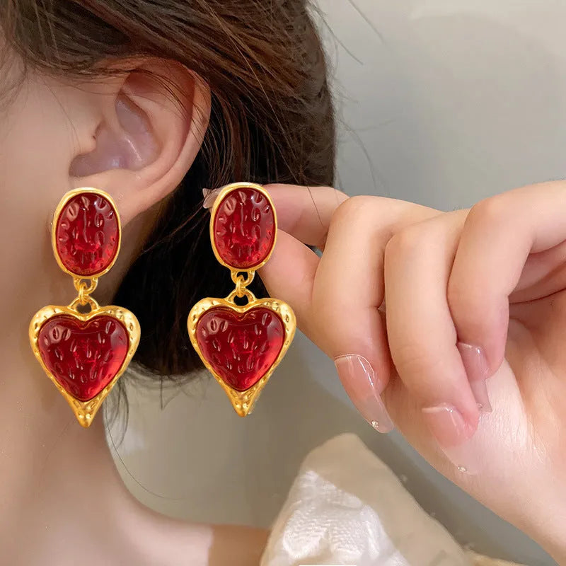 Pleated oval love heart stud earrings in purple, red, green, and yellow and white alloy colours