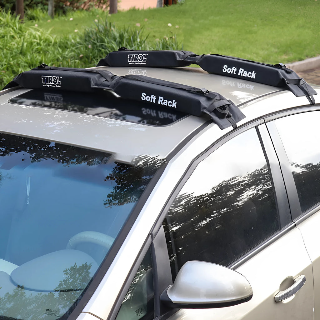 Folding black 600D oxford cloth roof rack on car with webbing straps and metal buckles