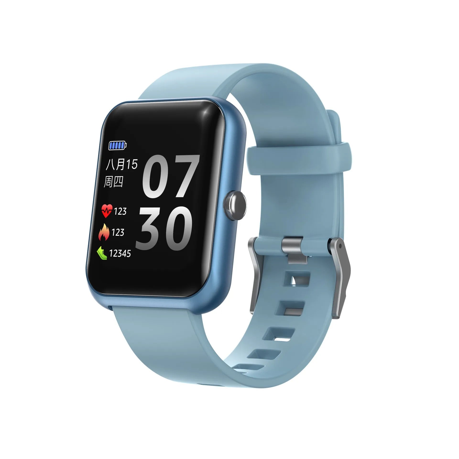 Square couple sports watch with silicone strap on wrist, showing aluminium case and Bluetooth connectivity.
