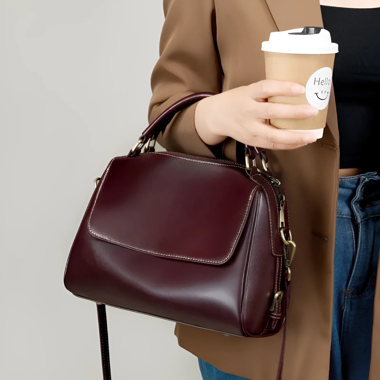 Genuine leather women's crossbody tote bag in cross square shape with double shoulder straps and multiple internal compartments
