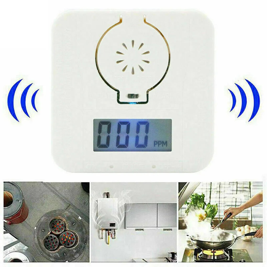 White wireless carbon monoxide alarm mounted on a wall for home safety.