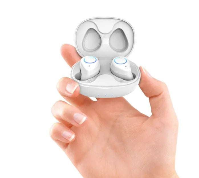 Black and white true wireless in-ear Bluetooth headset with charging case on a plain background.
