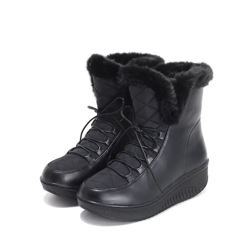Women's black winter platform boots with 3cm heel and lace-up closure