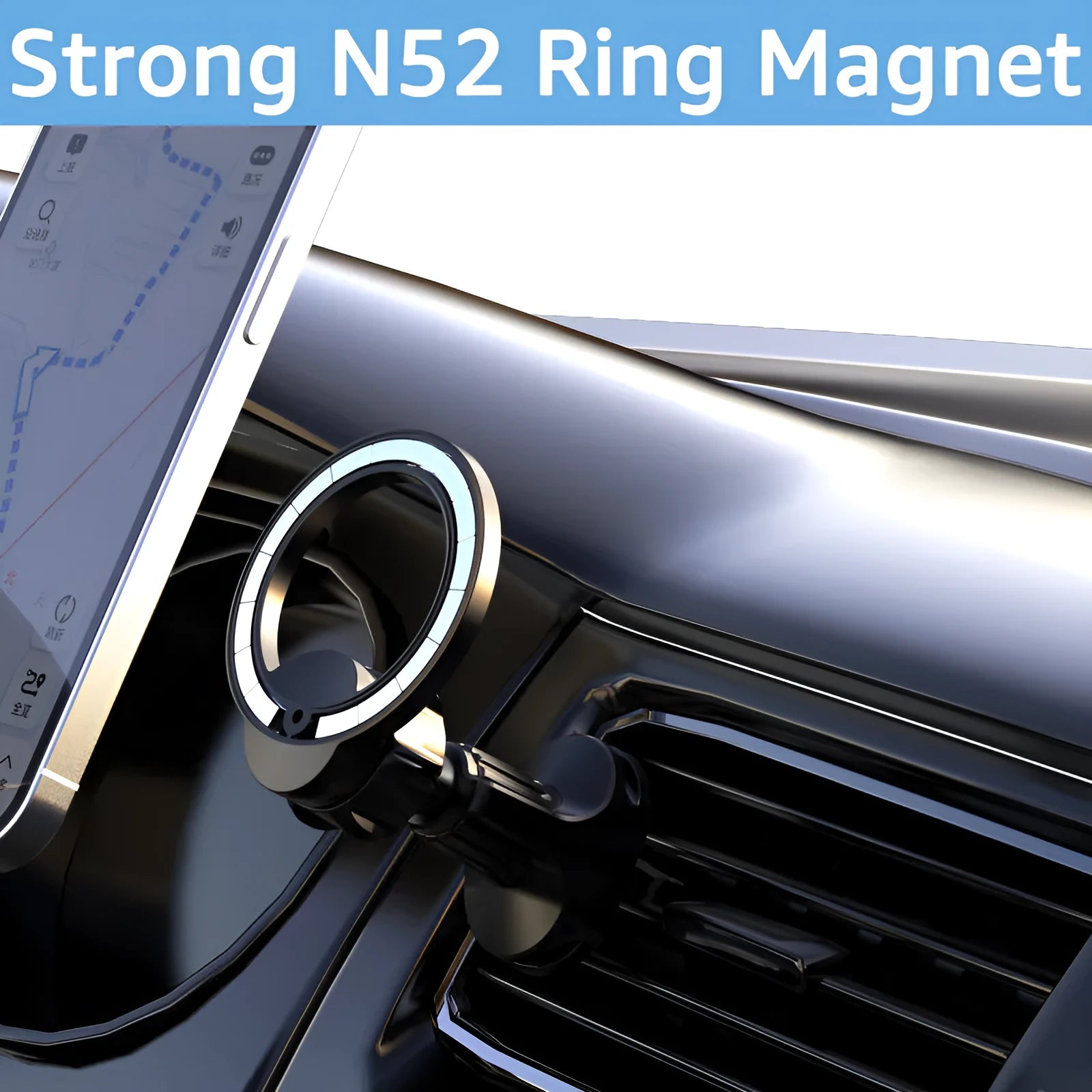 Black magnetic car air vent phone holder with O-ring clip attached to a vehicle vent