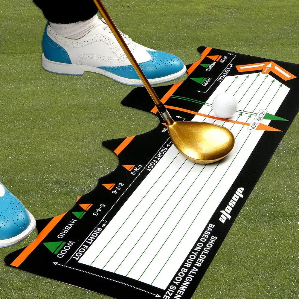 Black neoprene golf swing posture training pad on a practice surface
