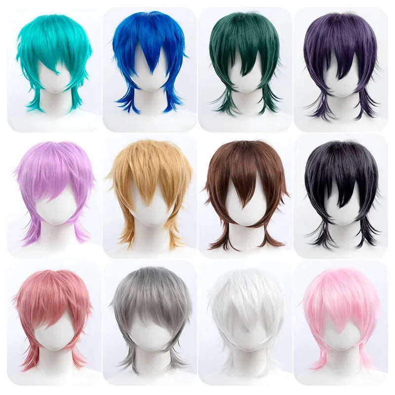 Men's short cosplay wig with lengthened hair tail in anime style