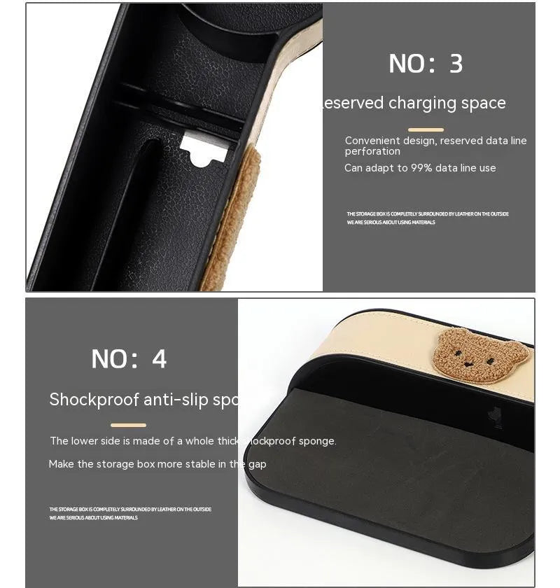 Leather car seat gap storage box with cartoon bear design in black or beige filling the console gap