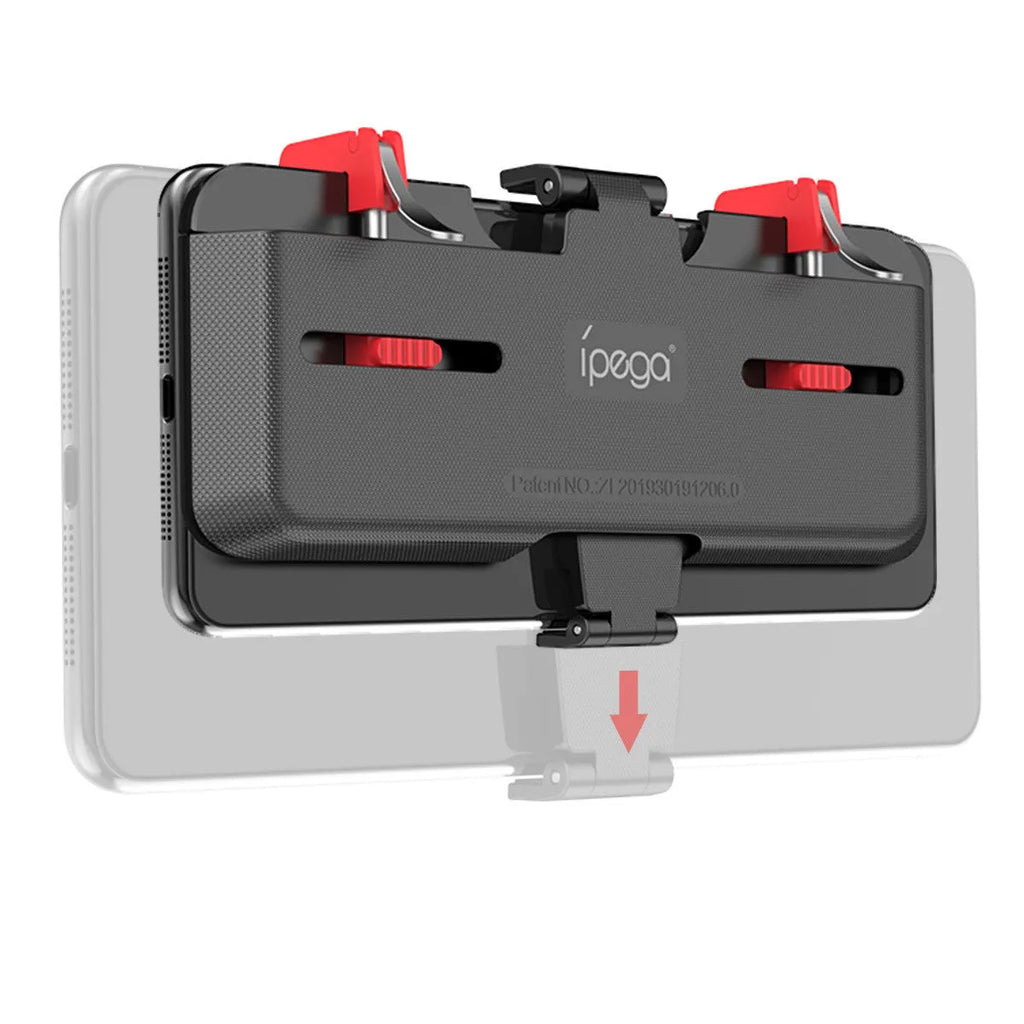 Black phone game controller bracket with an adjustable trigger and telescopic phone clip for mobile gaming.