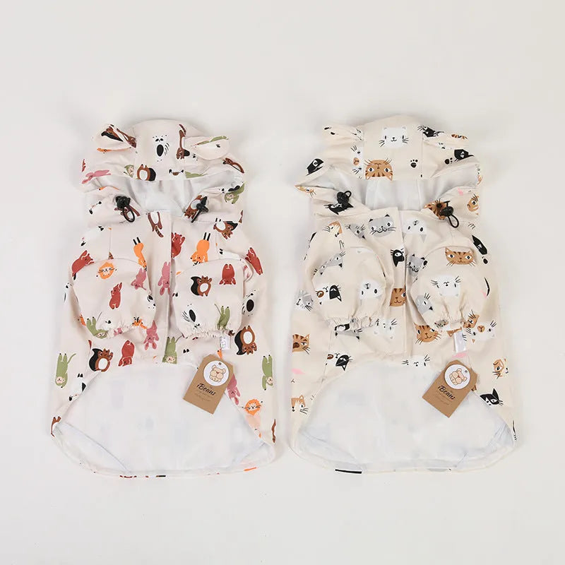 Beige cartoon dog raincoat with waterproof PU coating in cat head or small animal print designs